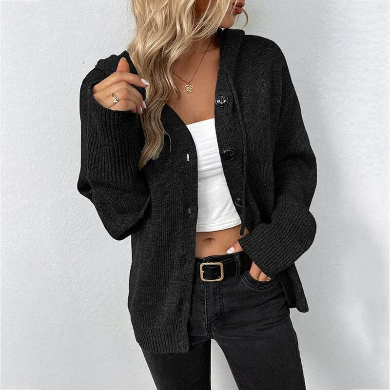 Women’s Knit Cardigan with Hood and Button Closure