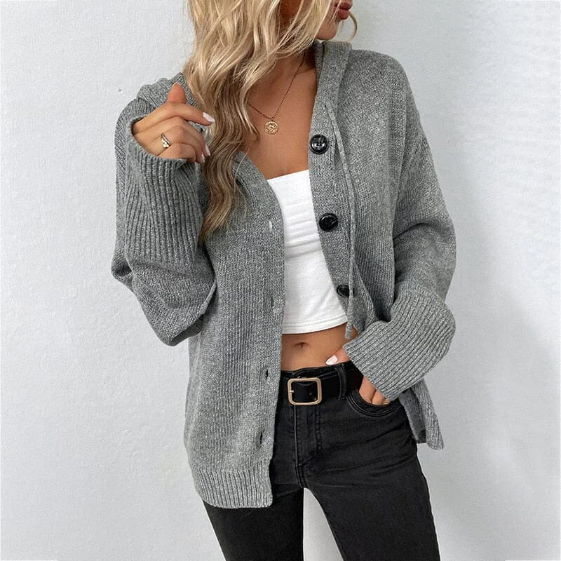 Women’s Knit Cardigan with Hood and Button Closure