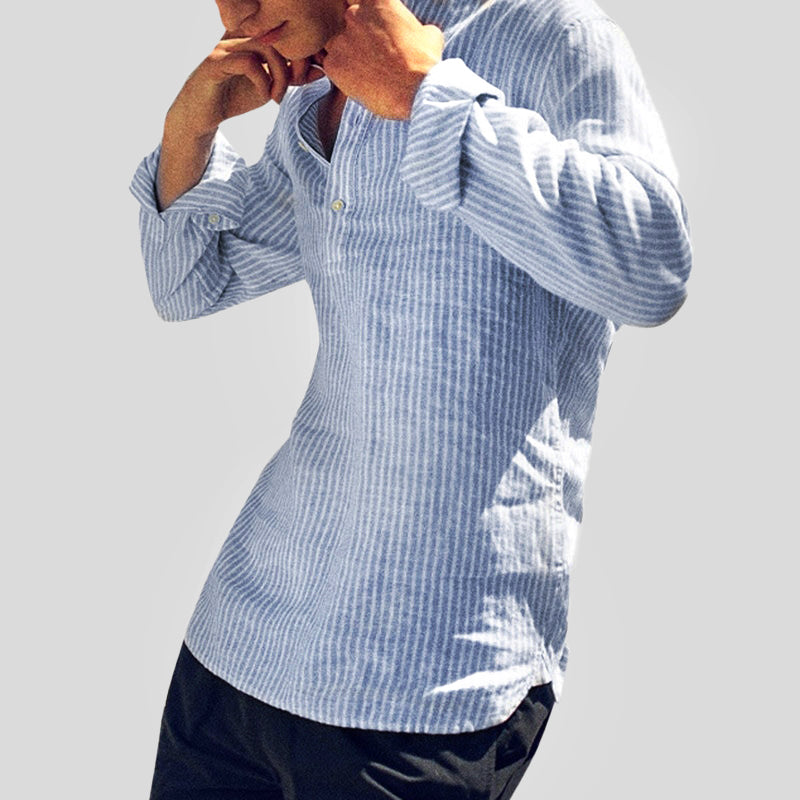 Light Casual Shirt with Striped Pattern and Stand-Up Collar