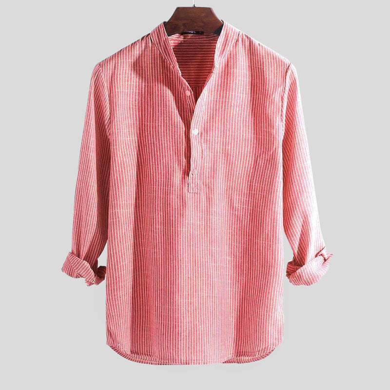 Light Casual Shirt with Striped Pattern and Stand-Up Collar