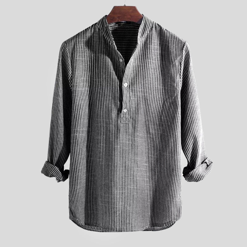 Light Casual Shirt with Striped Pattern and Stand-Up Collar