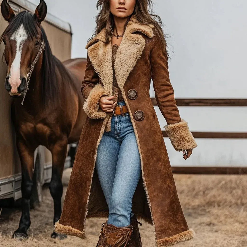 Women's coat | long double-breasted with fur collar
