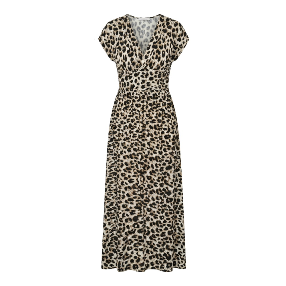 Women's maxi dress in leopard print with V-neck and short sleeves