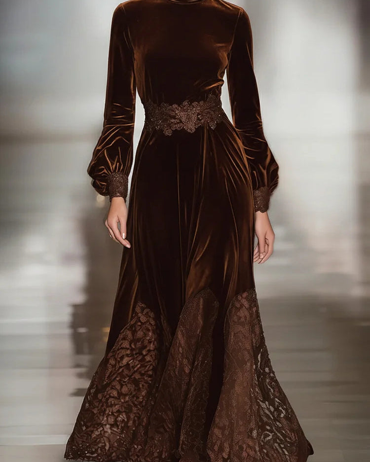 Lesie | Elegant Maxi Velvet Dress with Turtleneck and Lace