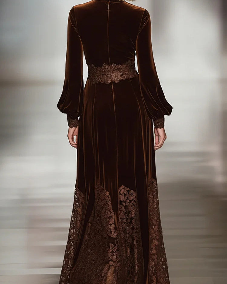 Lesie | Elegant Maxi Velvet Dress with Turtleneck and Lace