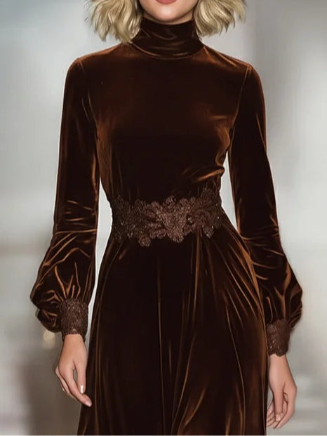 Lesie | Elegant Maxi Velvet Dress with Turtleneck and Lace