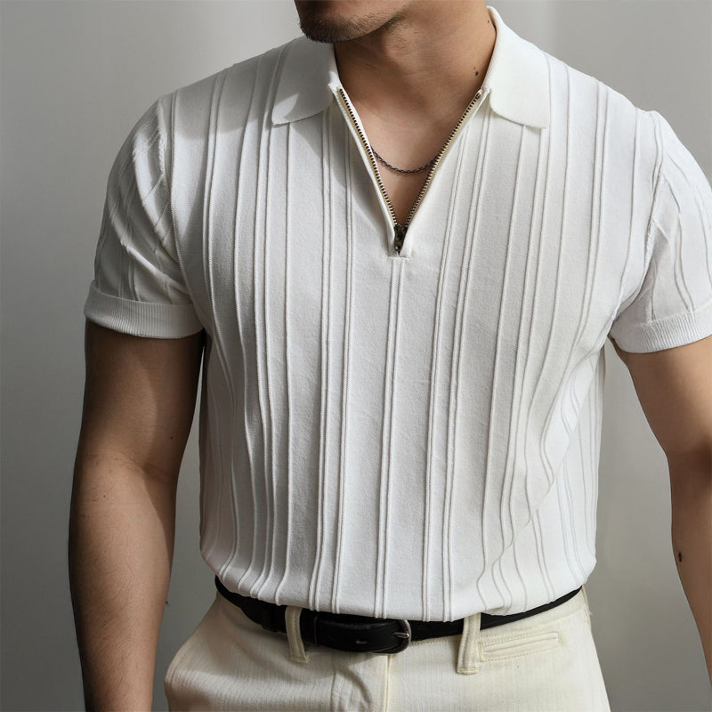 Men’s Ribbed Knit Polo Shirt with Zip Collar