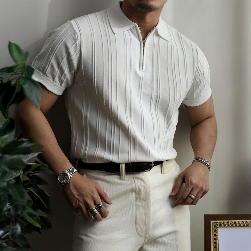Men’s Ribbed Knit Polo Shirt with Zip Collar