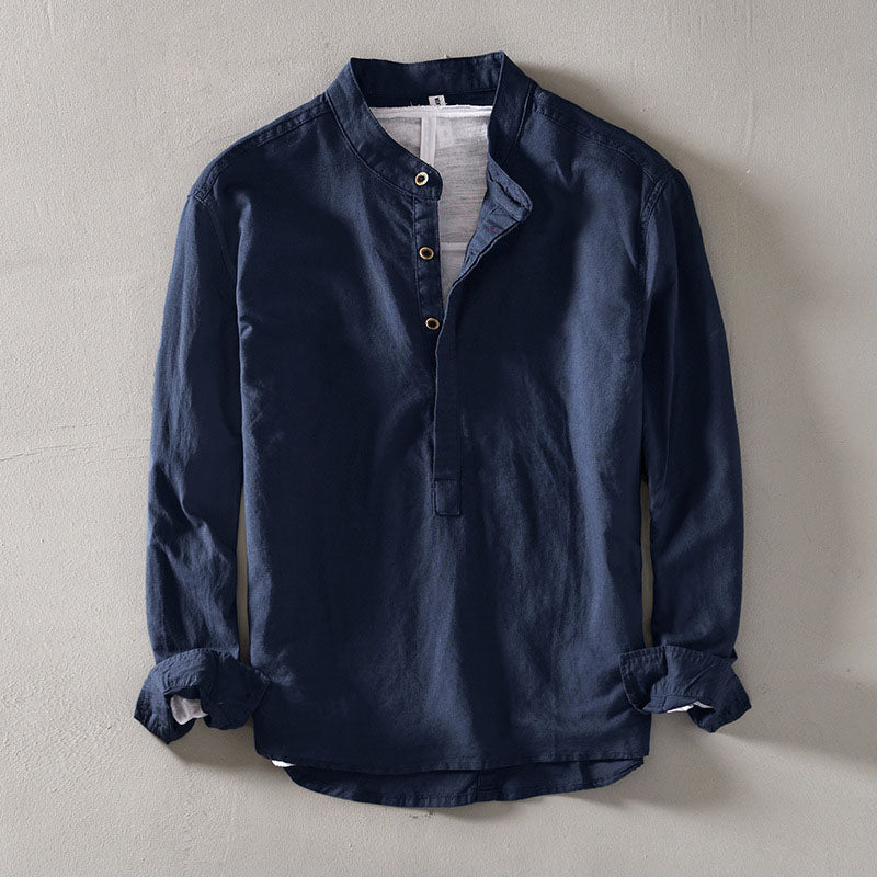 Men’s Casual Linen Henley Shirt with Long Sleeves