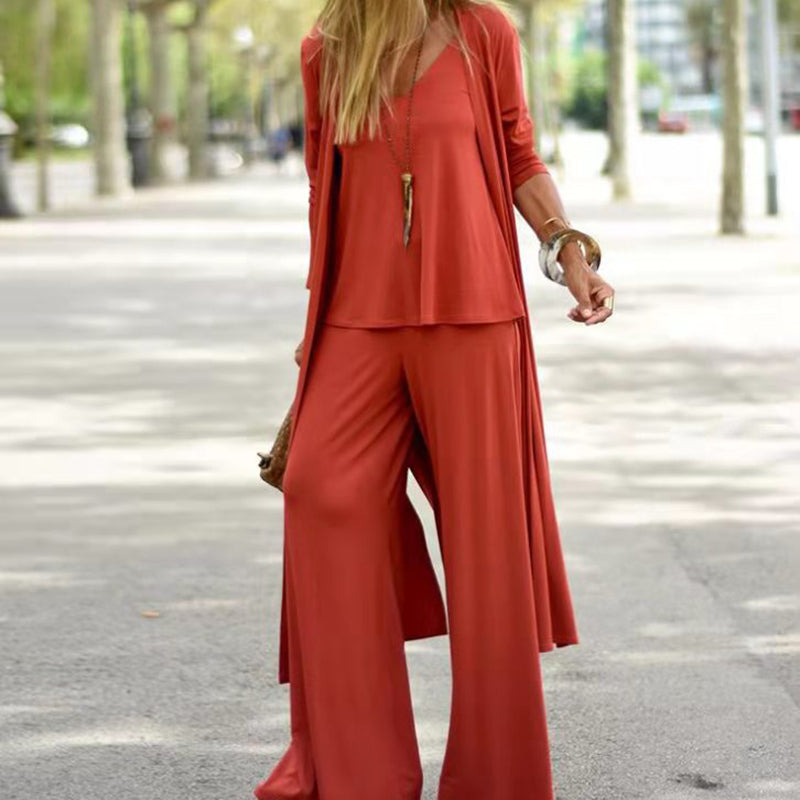 Women’s Elegant Three-Piece Set with Long Cardigan, Top and Wide Leg Pants