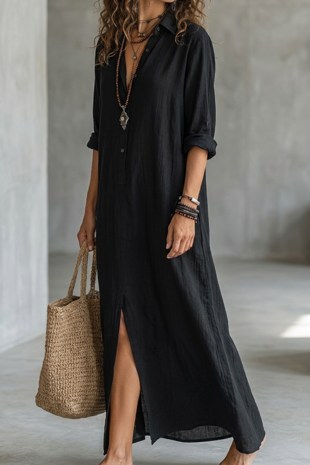 Women's Minimalist Solid Black Midi Shirt Dress MDZ2259F0ZRK
