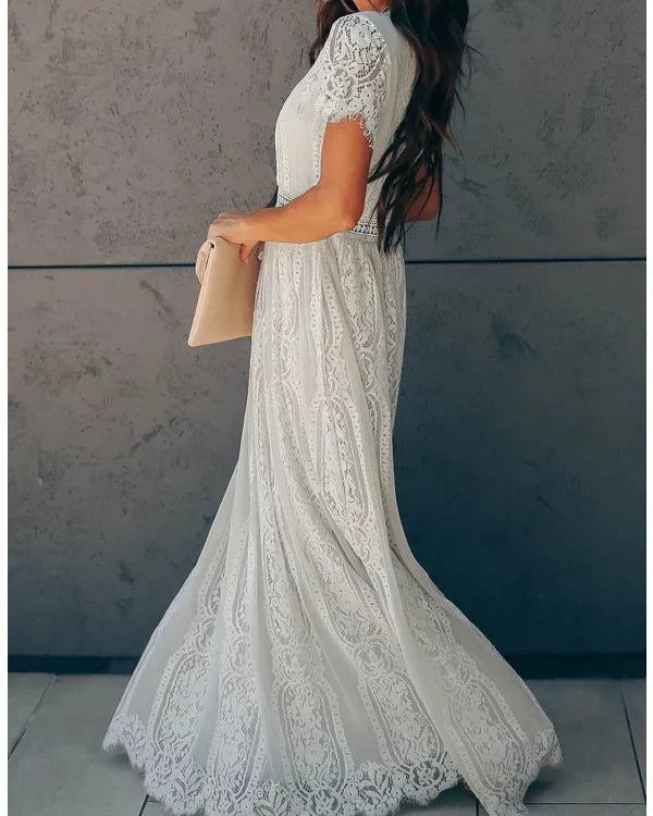 Women's White Lace Maxi Dress - V-Neck Short Sleeve Boho Floral Panel Wedding Guest
