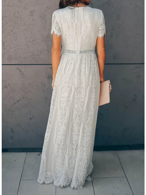 Women's White Lace Maxi Dress - V-Neck Short Sleeve Boho Floral Panel Wedding Guest