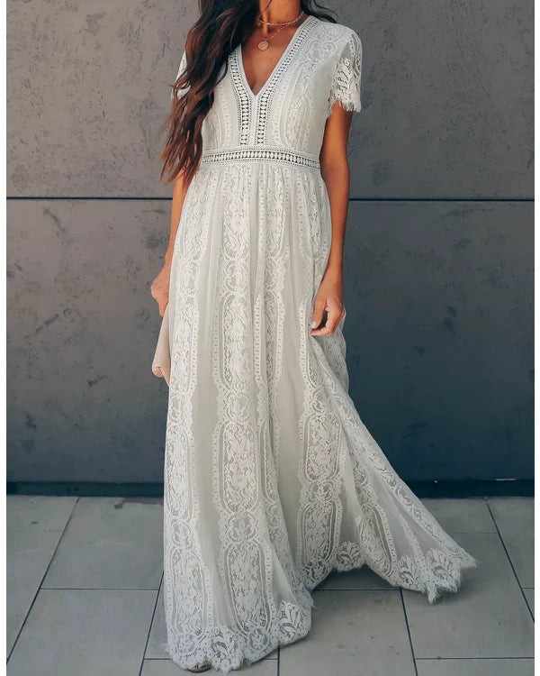 Women's White Lace Maxi Dress - V-Neck Short Sleeve Boho Floral Panel Wedding Guest