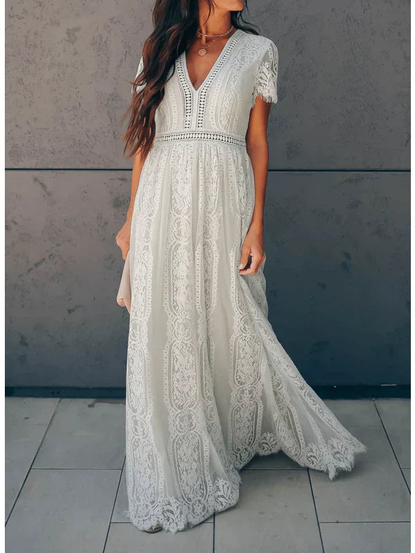 Women's White Lace Maxi Dress - V-Neck Short Sleeve Boho Floral Panel Wedding Guest