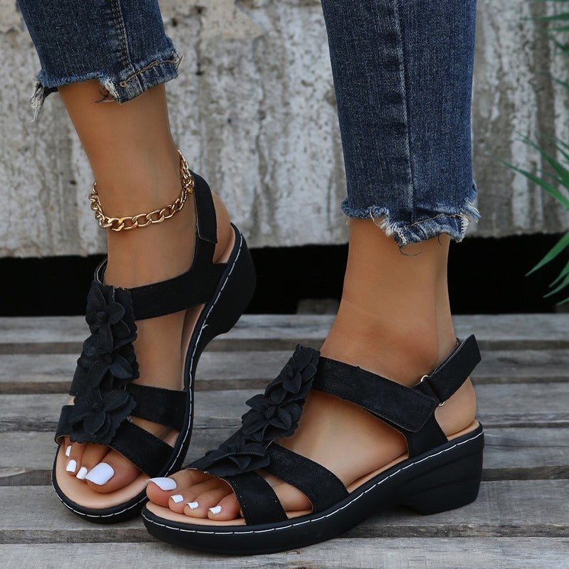 Women’s Wedge Sandals with Floral Strap and Open-Toe Design