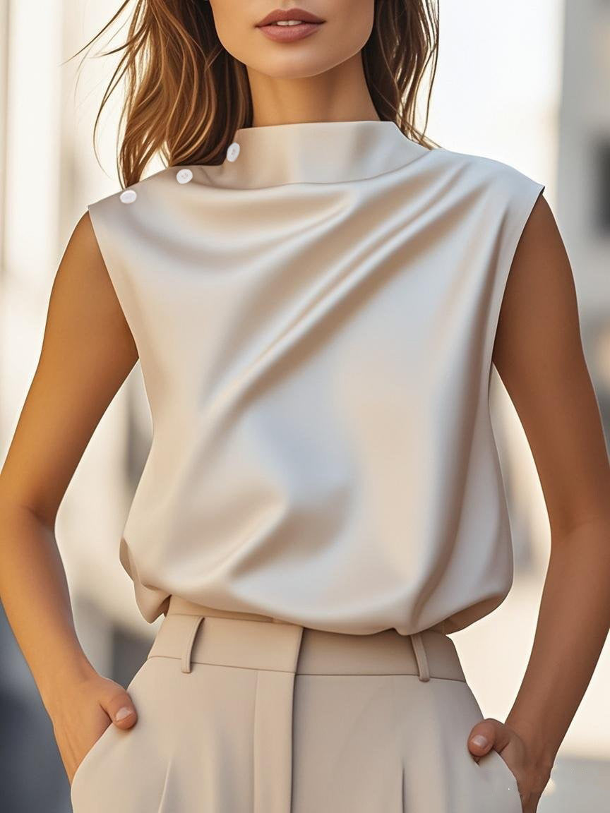 Women's Beige Satin Blouse - Sleeveless Mock Neck Draped Button Detail Top