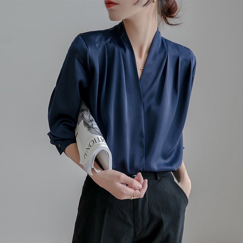 Women's Satin Blouse - V-Neck Pleated Long Sleeve Button Cuff Drape Top