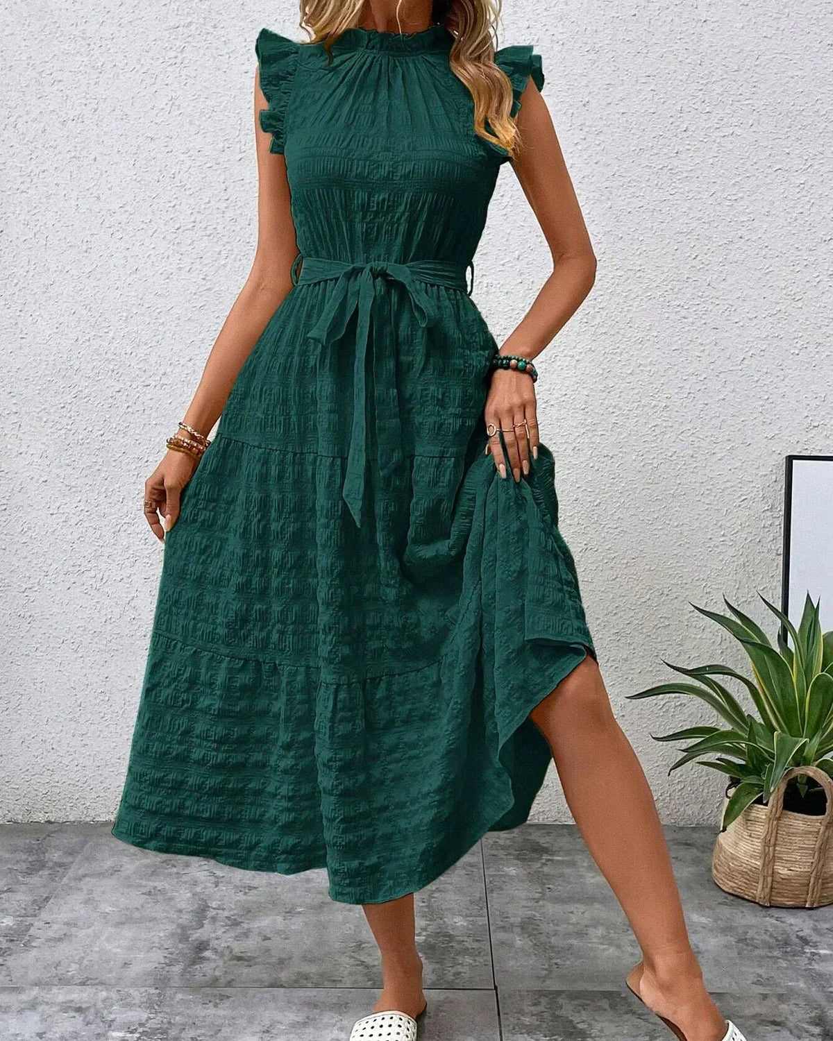 Women’s Sleeveless Midi Dress with Ruffle Details and Waist Tie