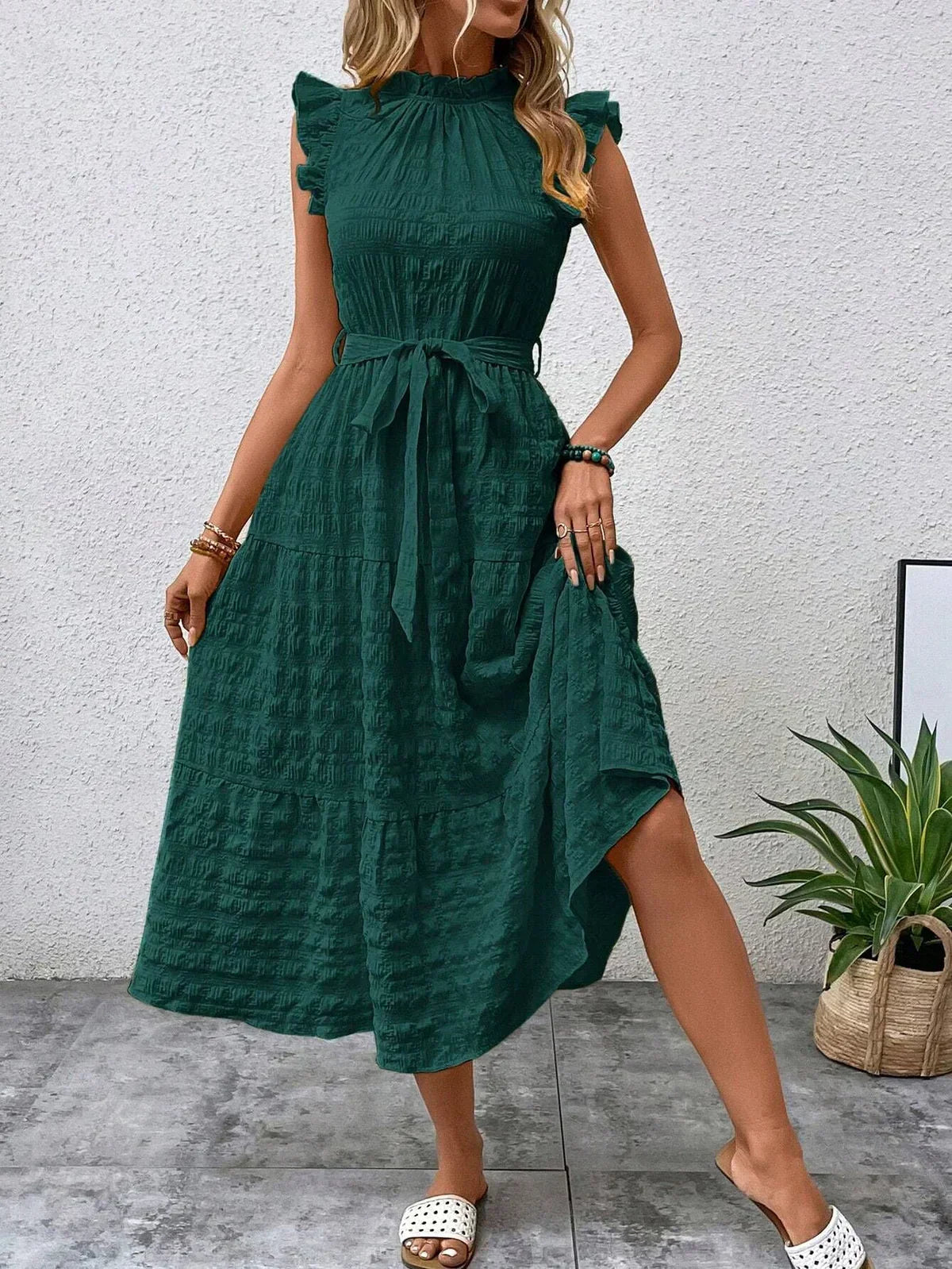 Women’s Sleeveless Midi Dress with Ruffle Details and Waist Tie