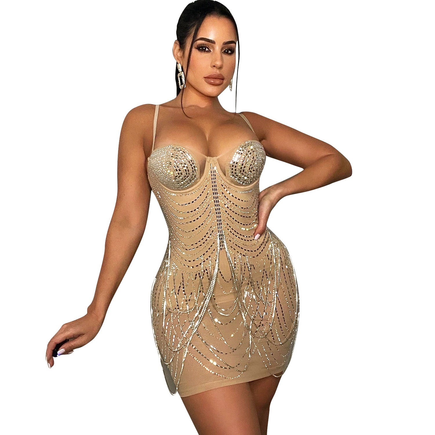 Celeste | Rhinestone-Embellished Mesh Mini Dress – Sparkling Glamour for Unforgettable Nights