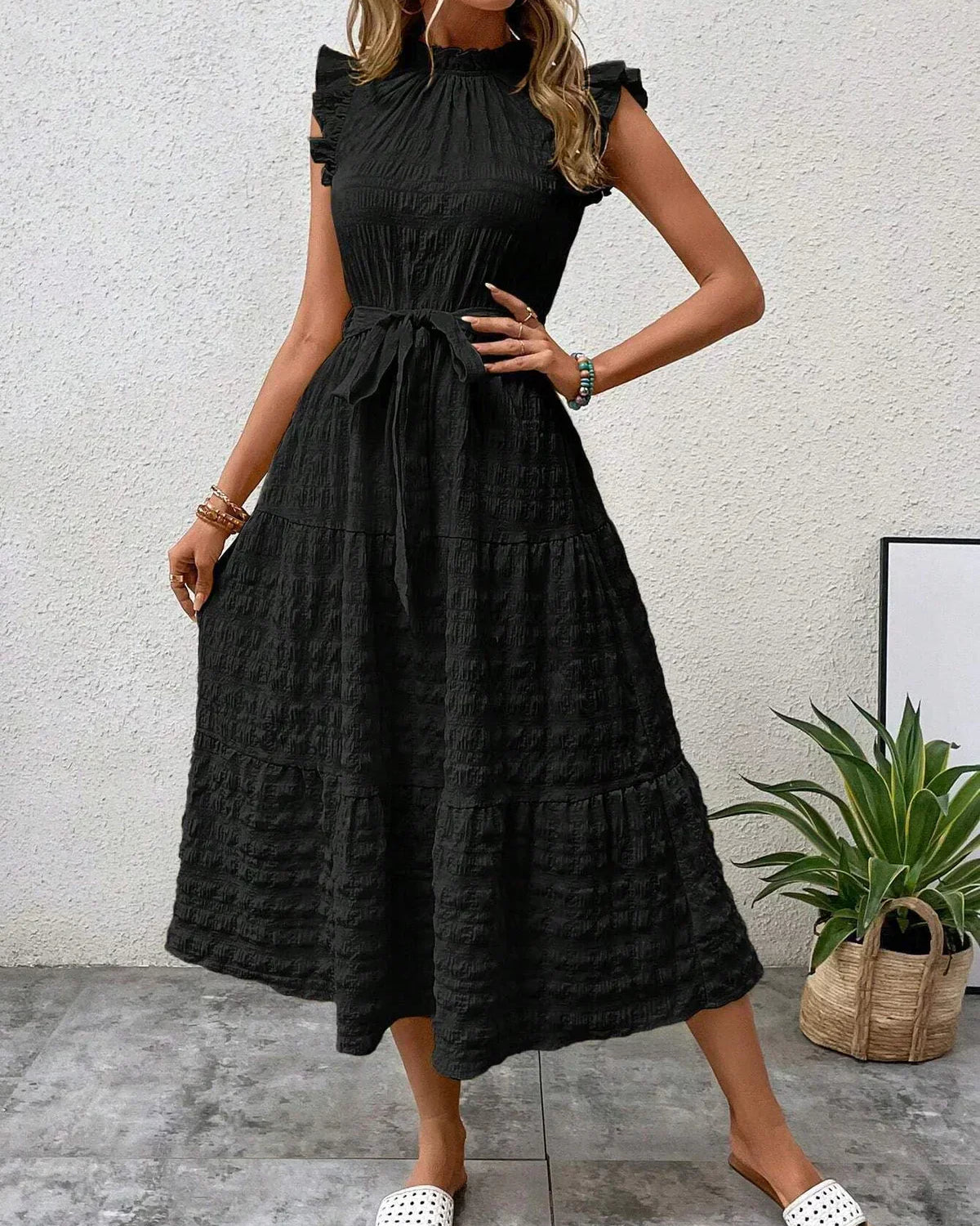 Women’s Sleeveless Midi Dress with Ruffle Details and Waist Tie