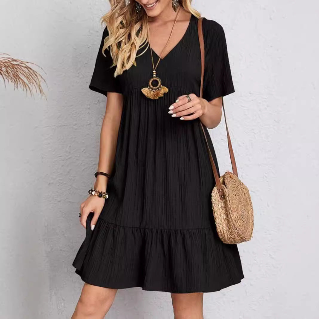 Women’s Relaxed V-Neck Short Sleeve Dress with Ruffle Hem
