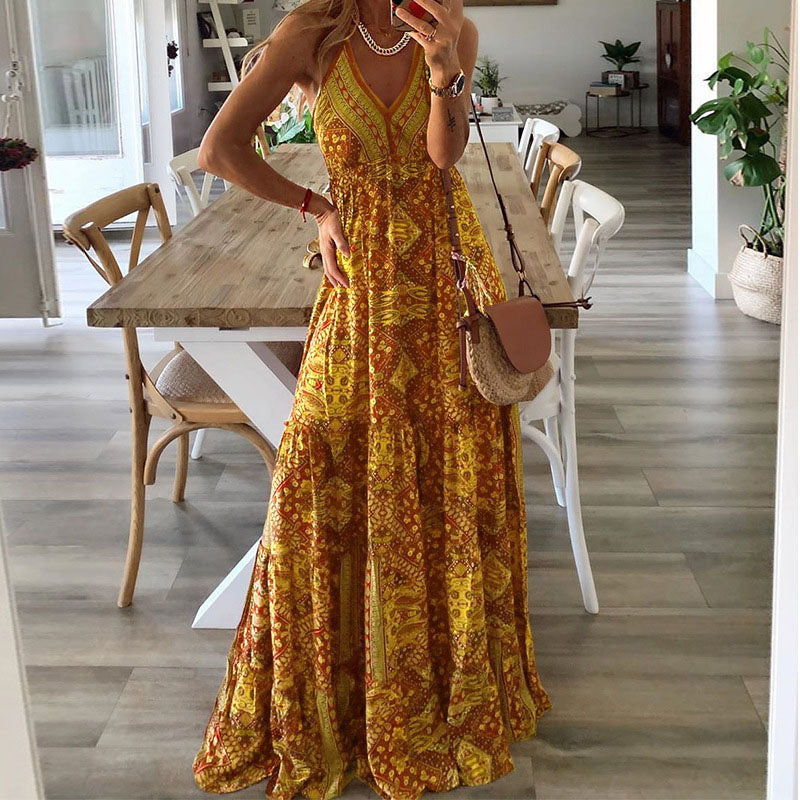Sydney | Women's V Neck Boho Flowy Draped Maxi Dress