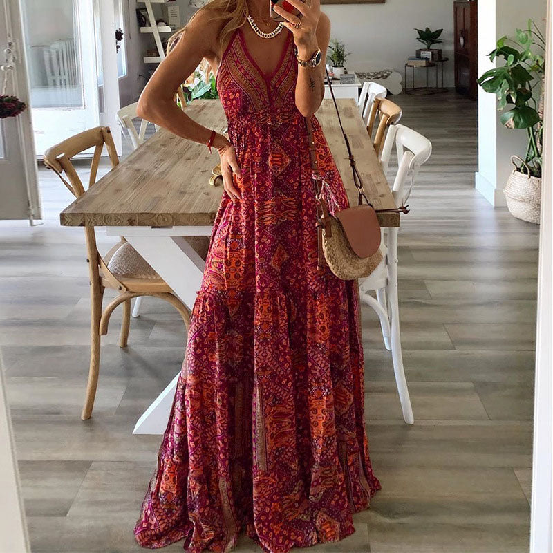 Sydney | Women's V Neck Boho Flowy Draped Maxi Dress