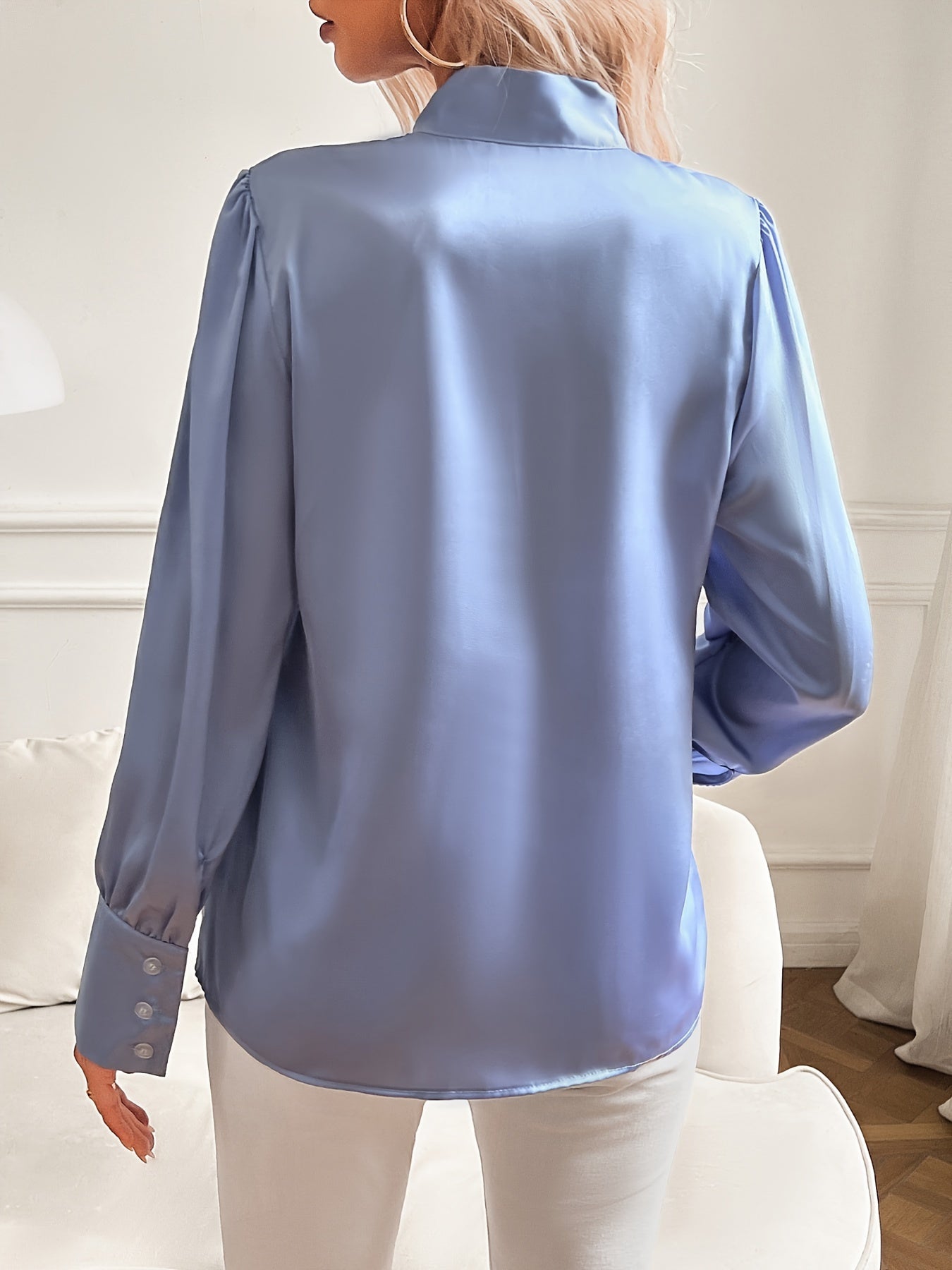 Women's Satin Blouse - Long Sleeve Bow Tie Neck Puff Sleeve Button Cuff Top