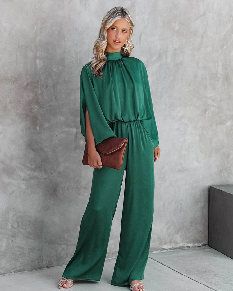 Women's Jumpsuit - Mock Neck Split Cape Sleeve Elasticated Waist Wide Leg