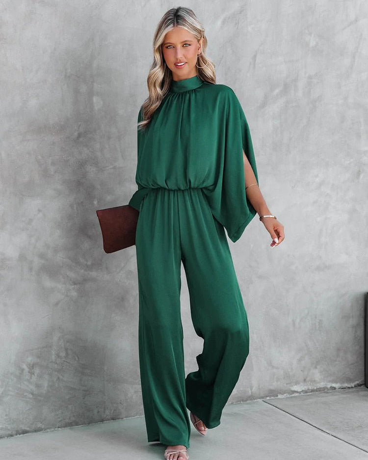Women's Jumpsuit - Mock Neck Split Cape Sleeve Elasticated Waist Wide Leg