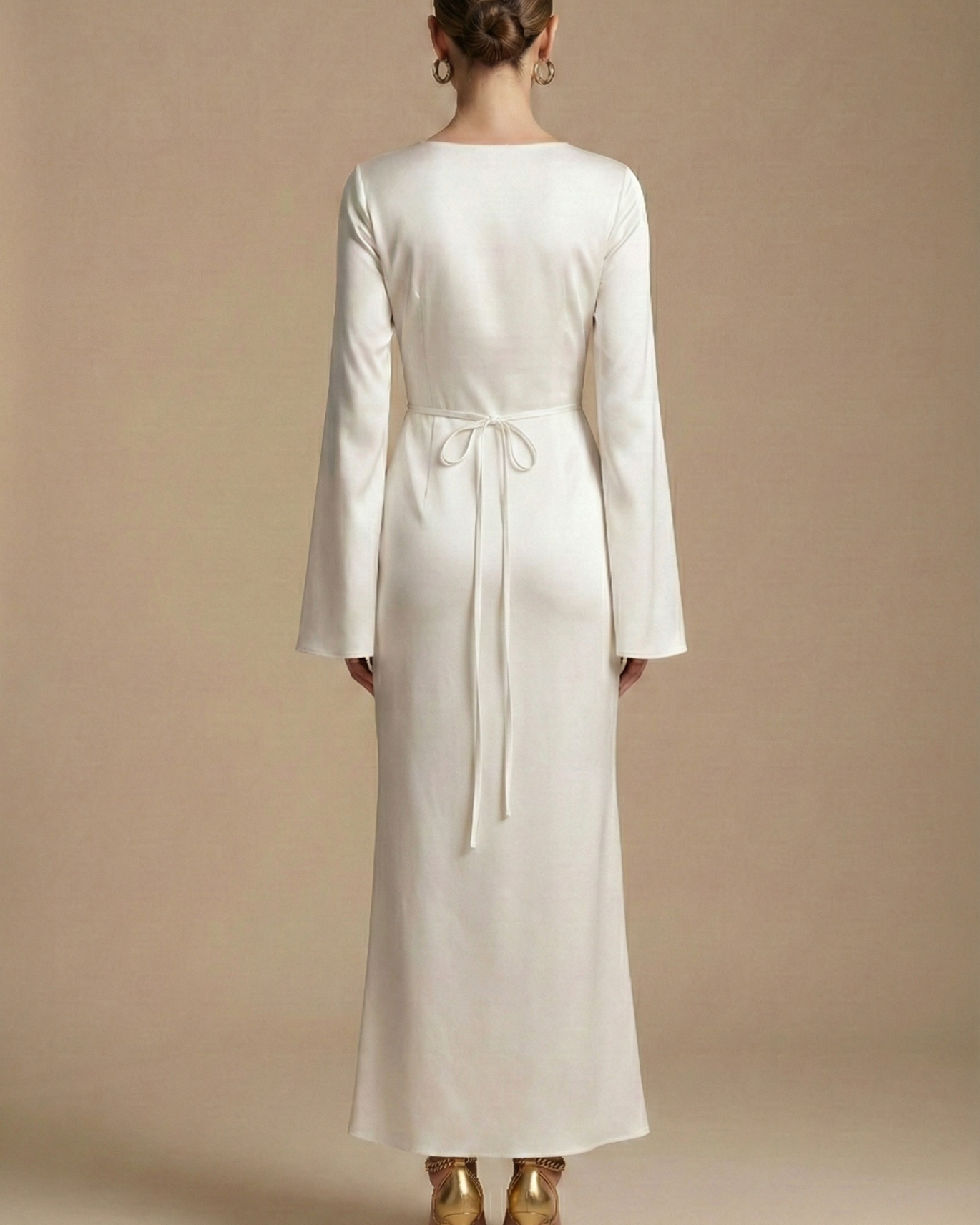 Women's Maxi Dress - Boat Neck - Flared Sleeve - Tie Back