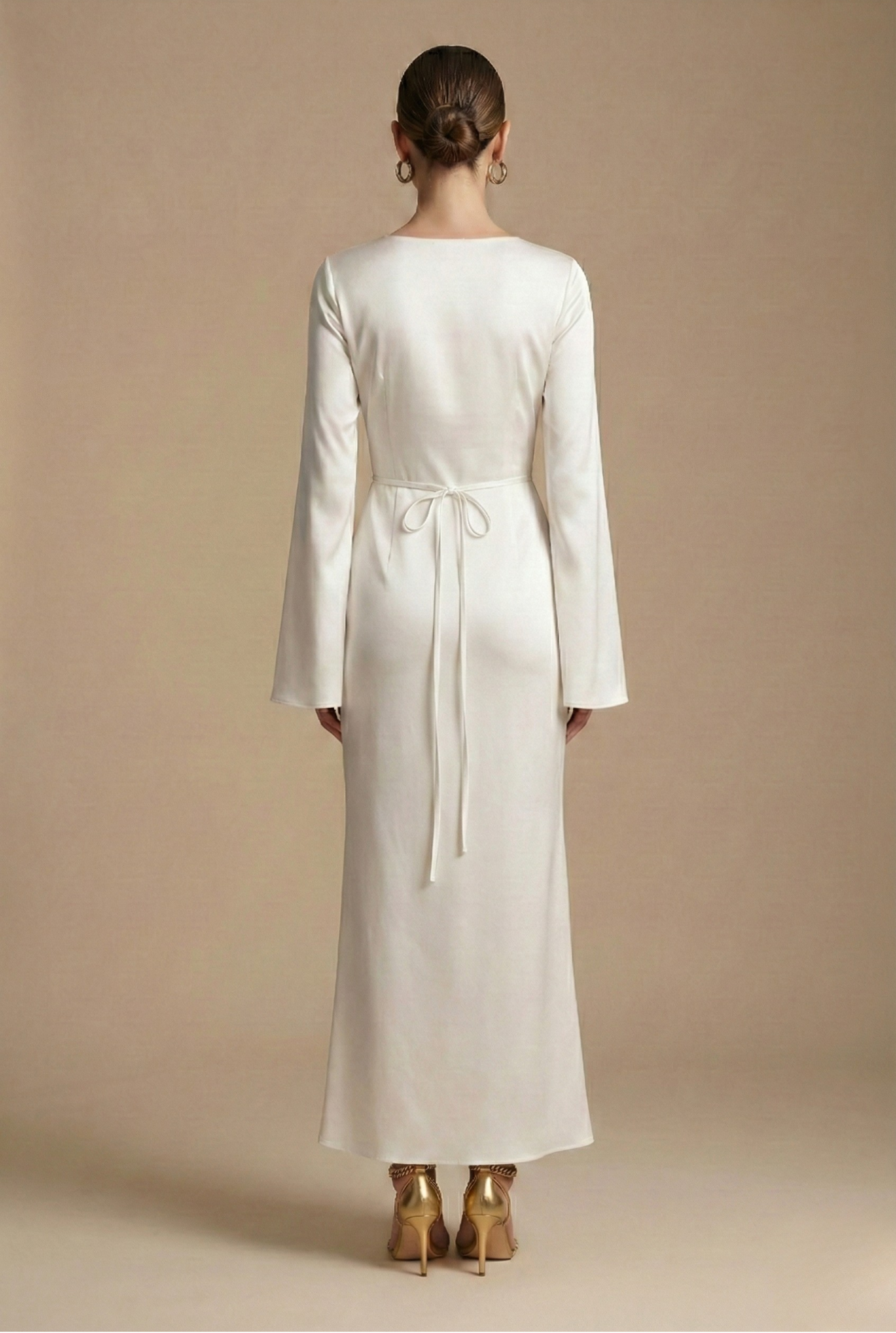 Women's Maxi Dress - Boat Neck - Flared Sleeve - Tie Back