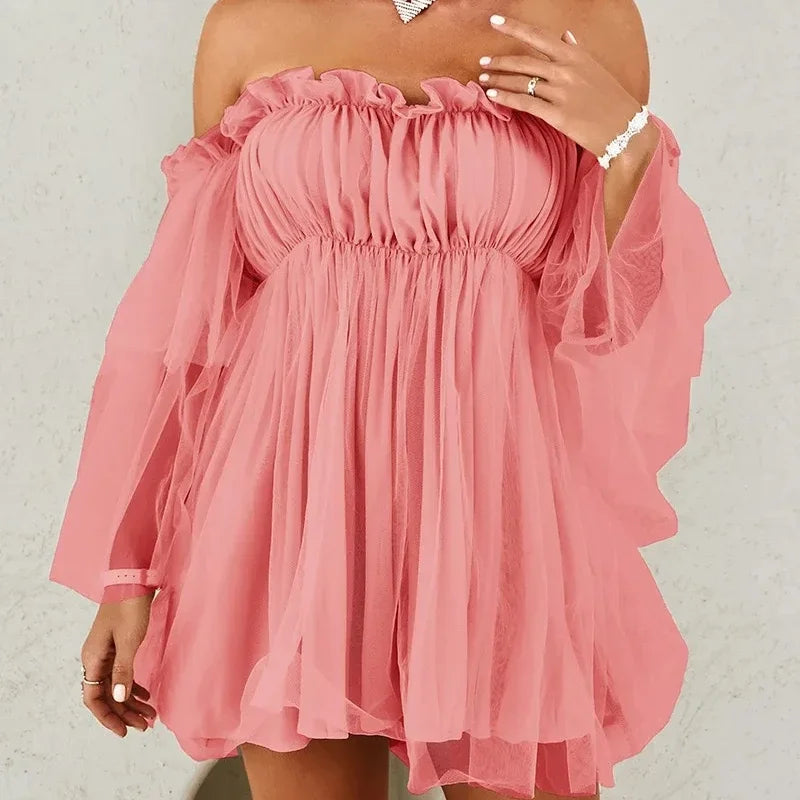 Women’s Off-Shoulder Ruffle Chiffon Mini Dress