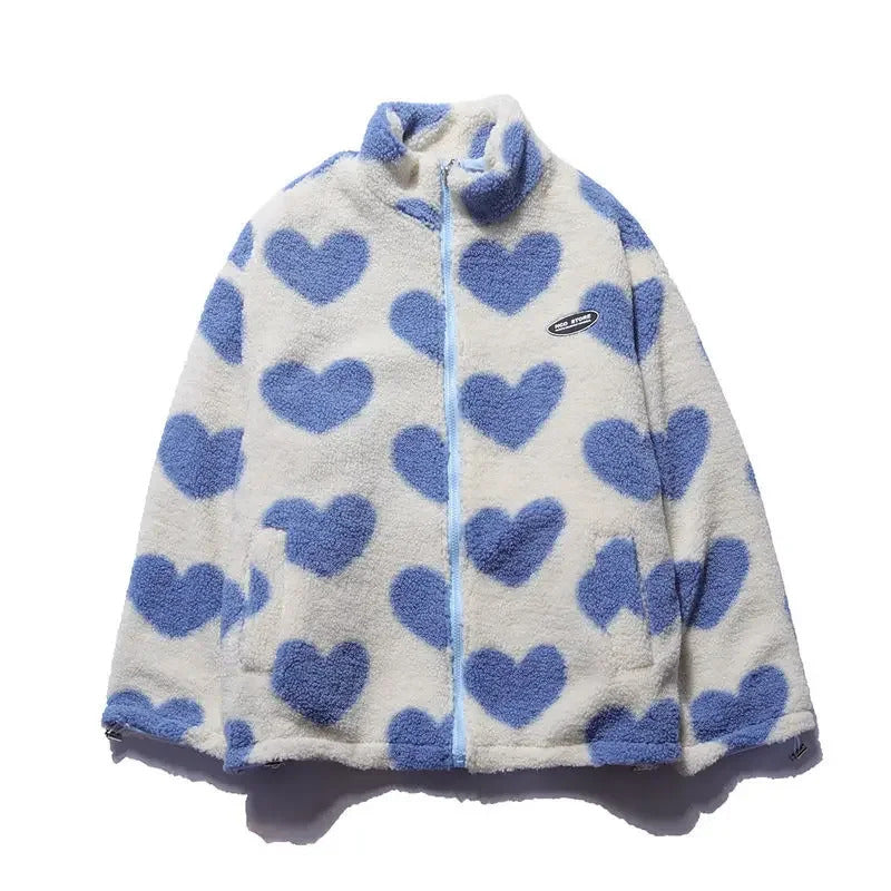 Women's Fleece Jacket with Zipper and Heart Pattern