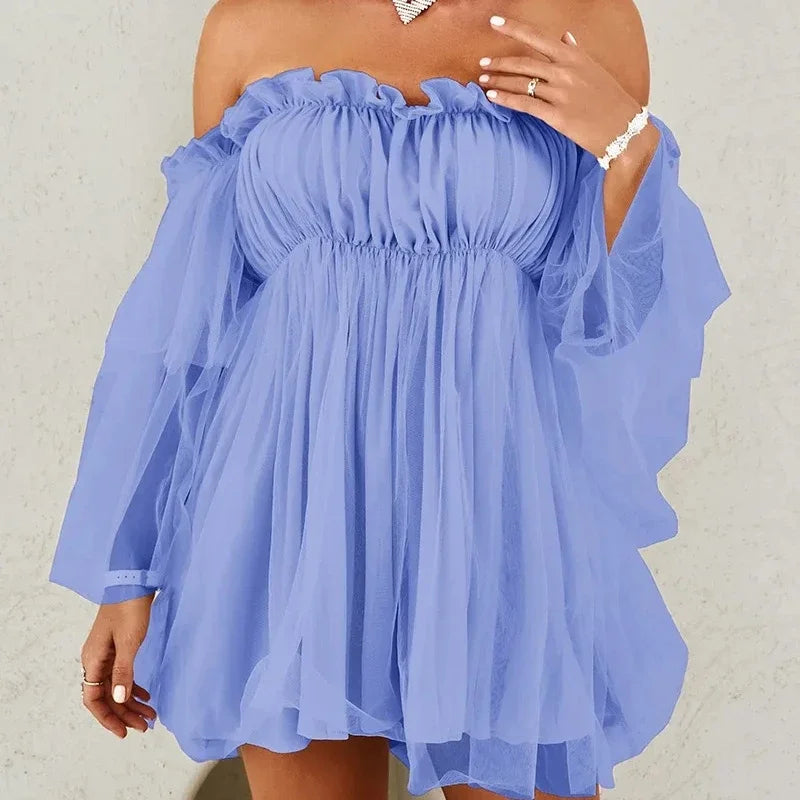 Women’s Off-Shoulder Ruffle Chiffon Mini Dress