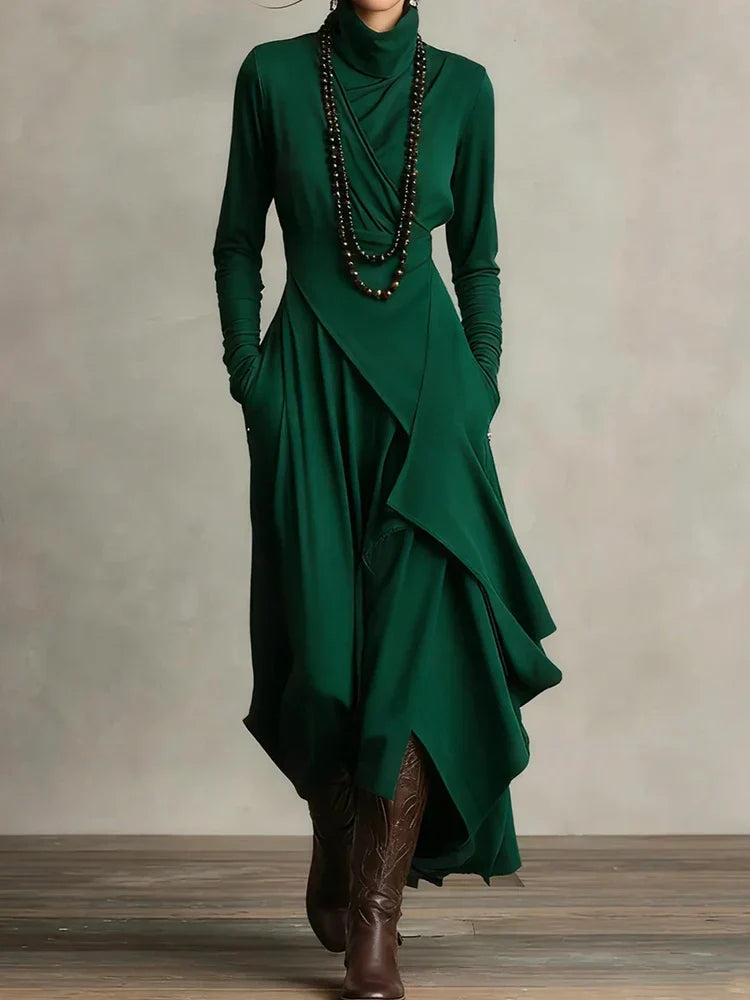 Natalia | Asymmetrical Knit Maxi Dress with Turtleneck