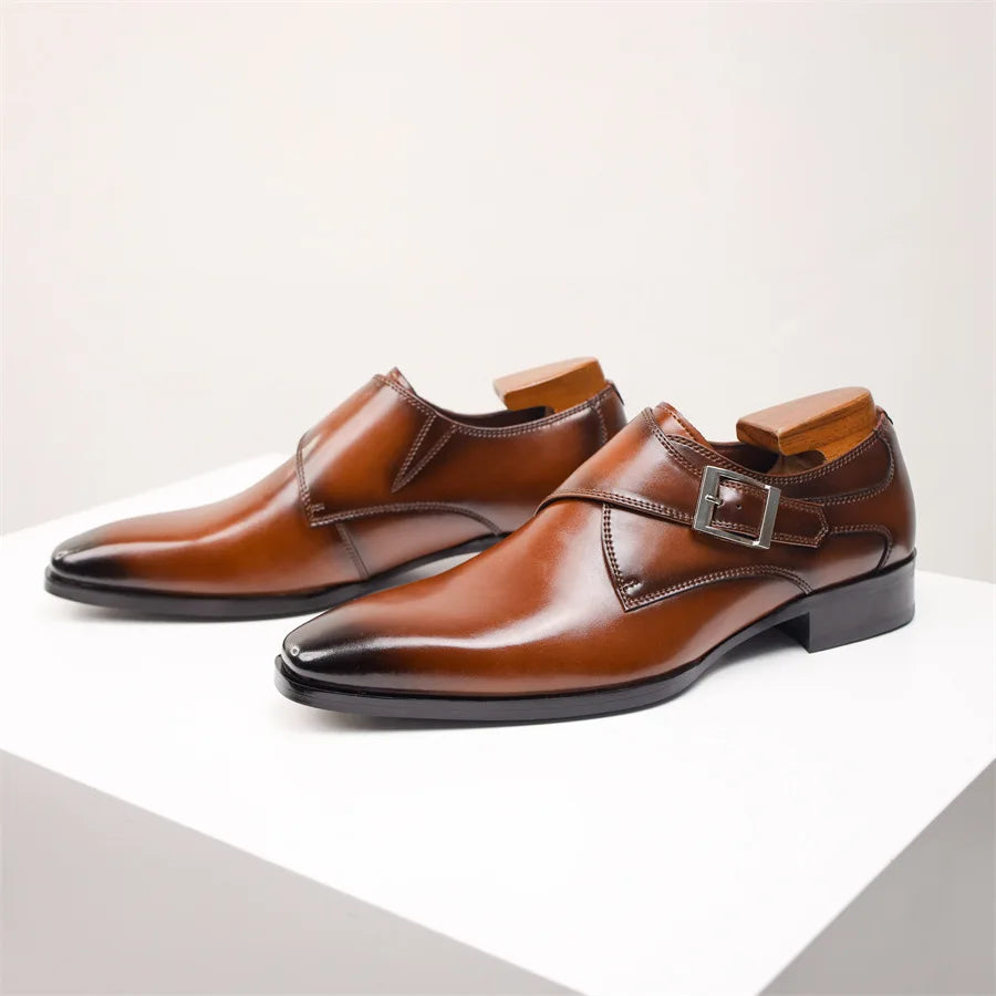 Men's Leather Monk Strap Shoes with Buckle Closure