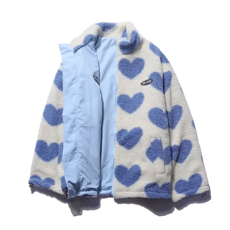 Women's Fleece Jacket with Zipper and Heart Pattern