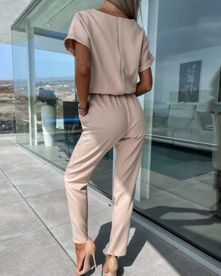 Women’s Elegant Two-Piece Set with Short Sleeve Top and Belted Pants
