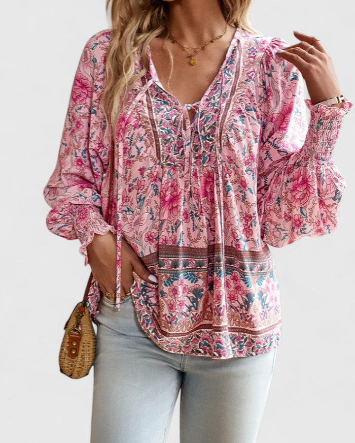 Maya | Women's Boho Floral Long Sleeve Peasant Top
