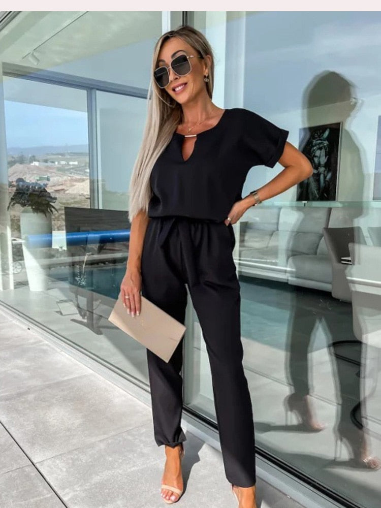Women’s Elegant Two-Piece Set with Short Sleeve Top and Belted Pants