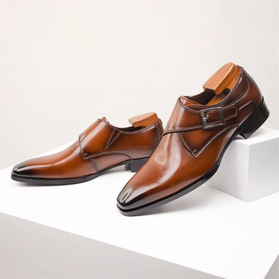 Men's Leather Monk Strap Shoes with Buckle Closure