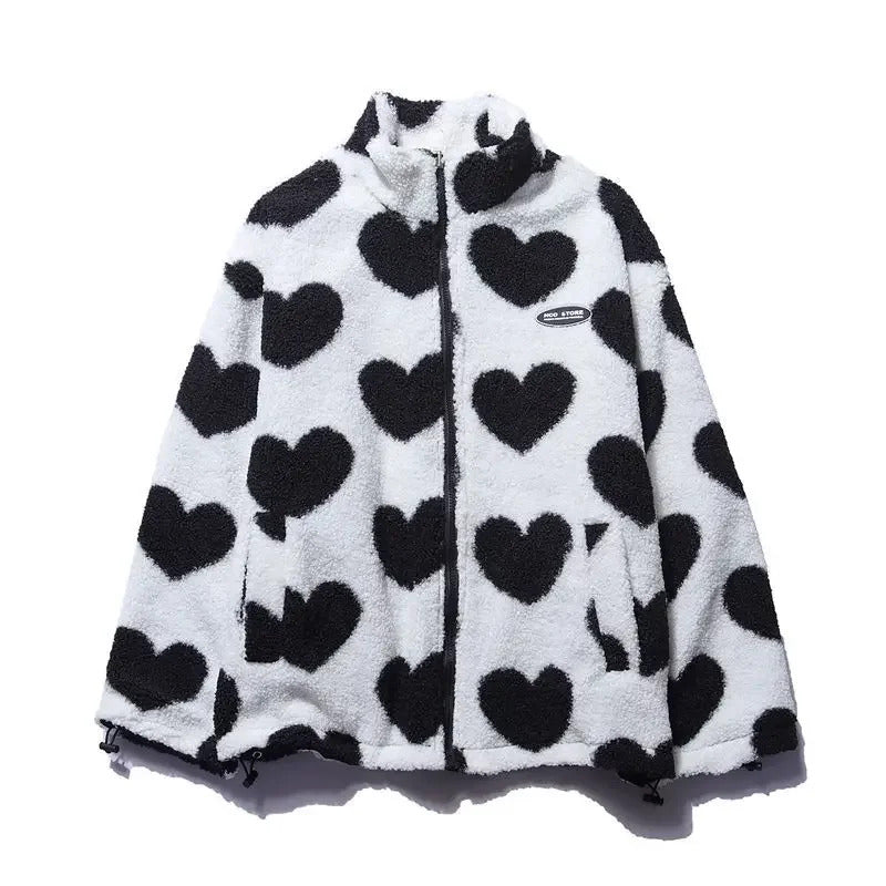 Women's Fleece Jacket with Zipper and Heart Pattern