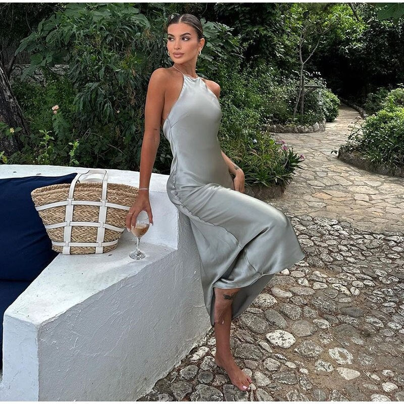 Women’s Elegant Halter Neck Satin Maxi Dress
