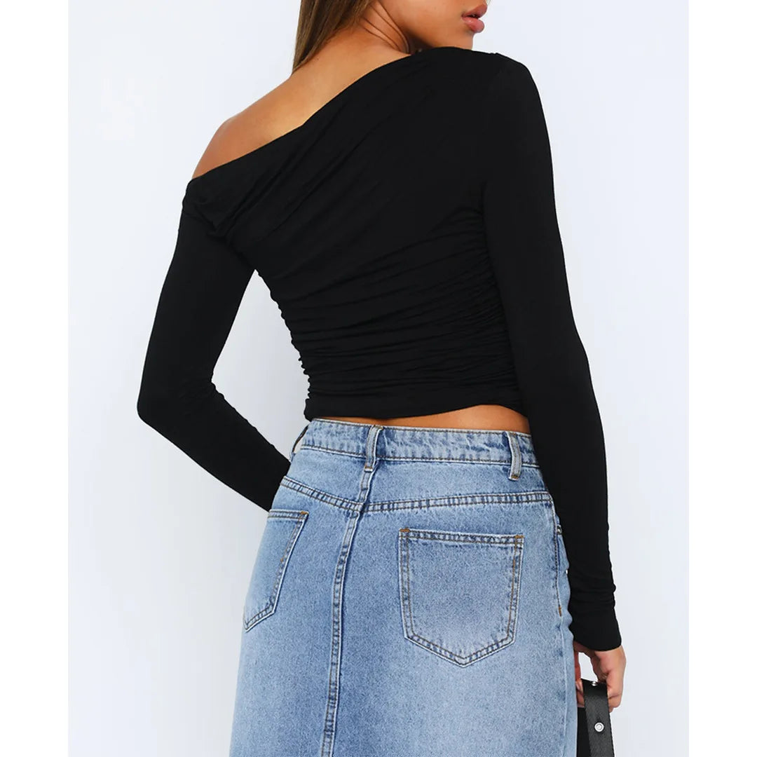 Women’s Off-Shoulder Ruched Long Sleeve Top – Fitted Silhouette