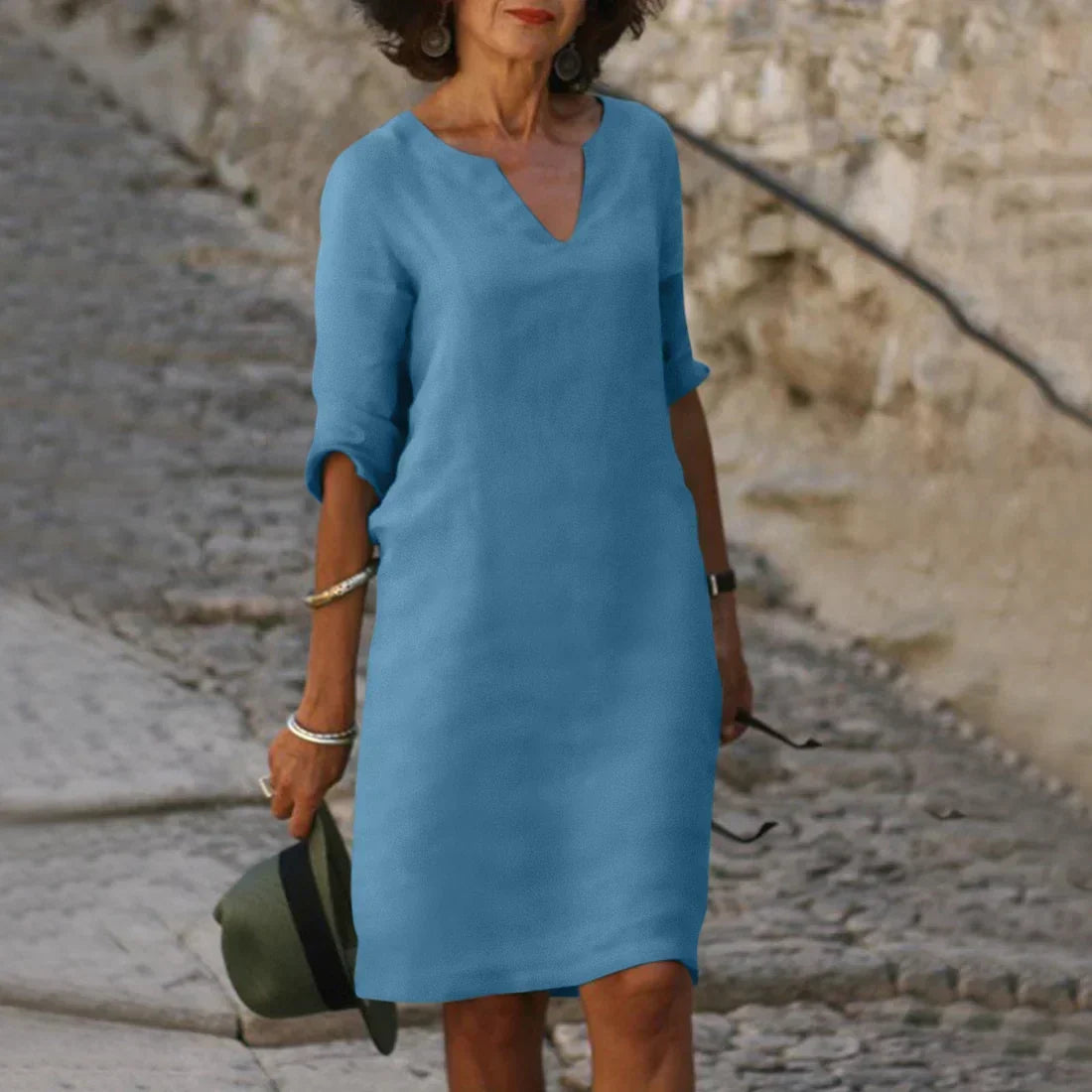 Women’s Elegant V-Neck Knee-Length Dress with 3/4 Sleeves