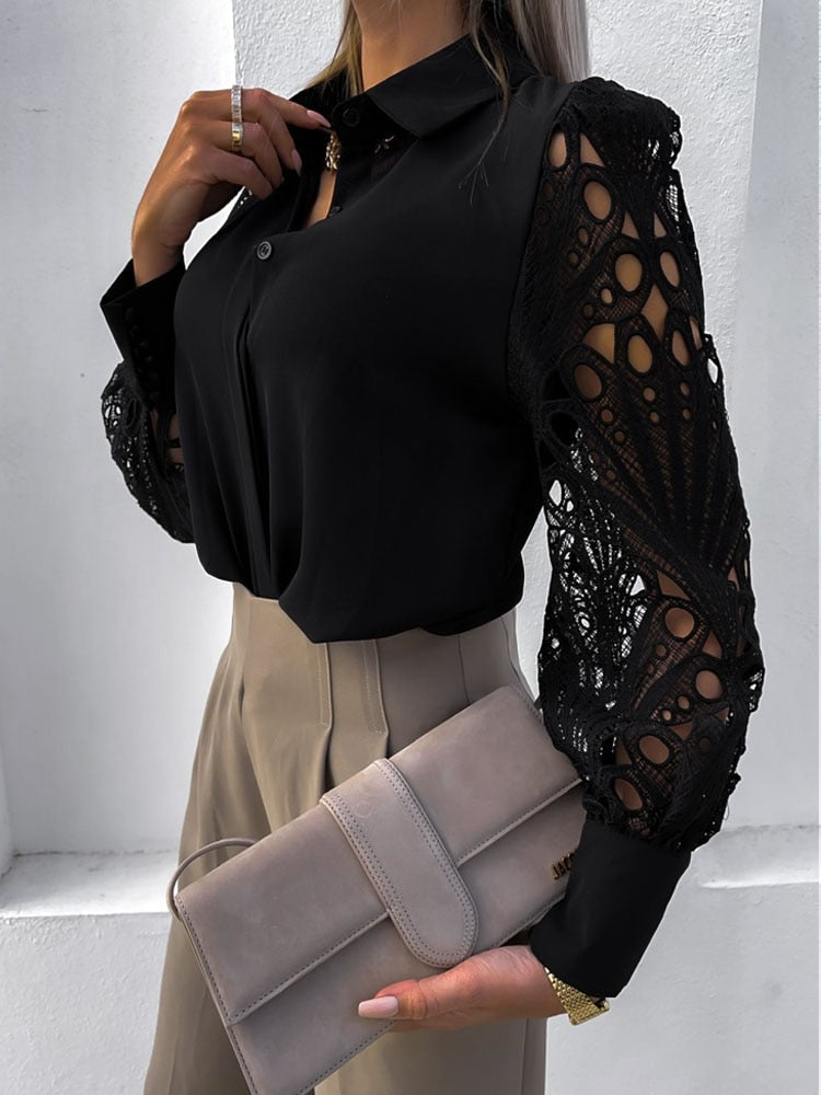 Women’s Elegant Lace Sleeve Button-Up Blouse