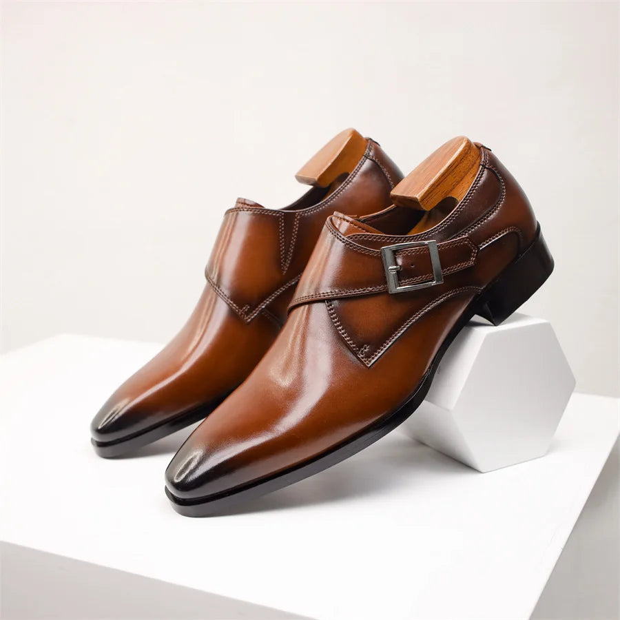Men's Leather Monk Strap Shoes with Buckle Closure